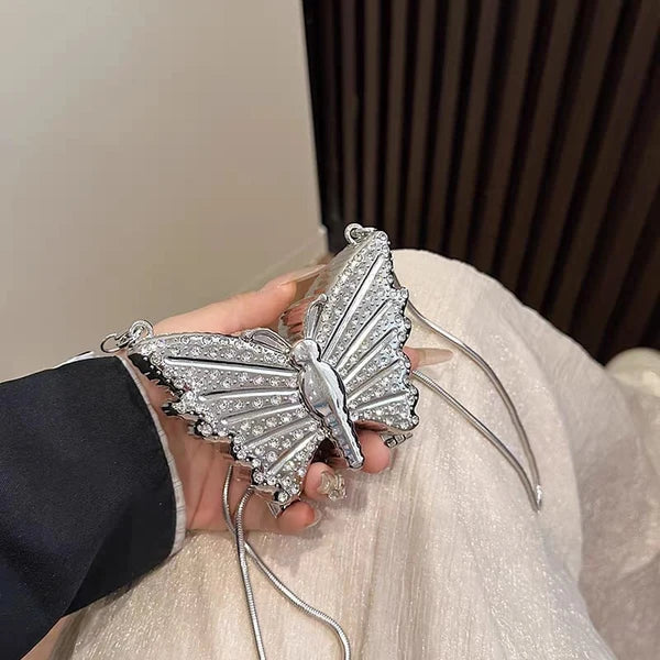 Butterfly Sparkle Mini Clutch Perfect for Parties Weddings And Special Nights. - Silver