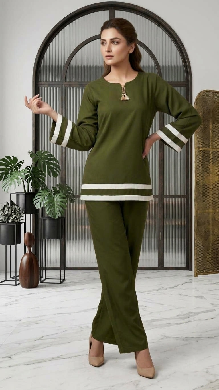 Olive Green 2-Piece Co-Ord Set with White Stripe Detail