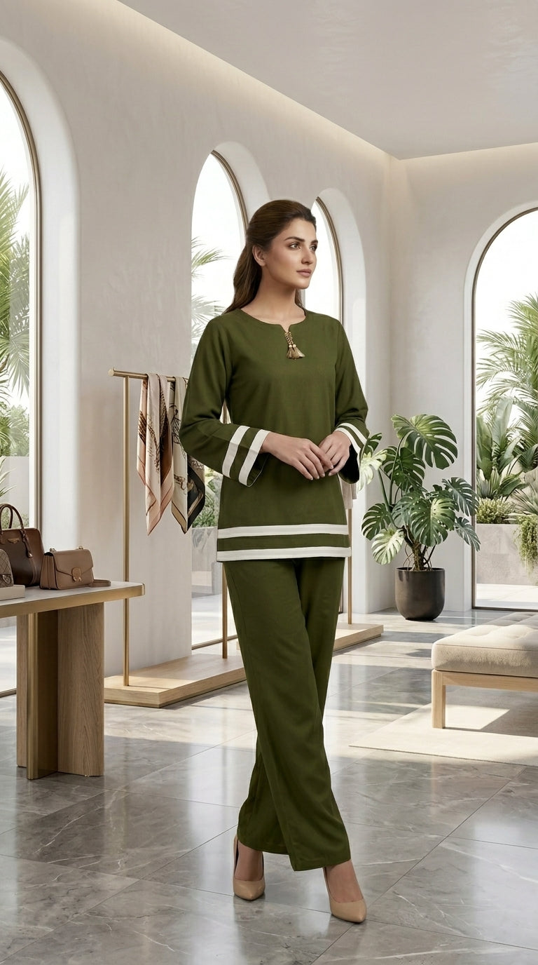 Olive Green 2-Piece Co-Ord Set with White Stripe Detail